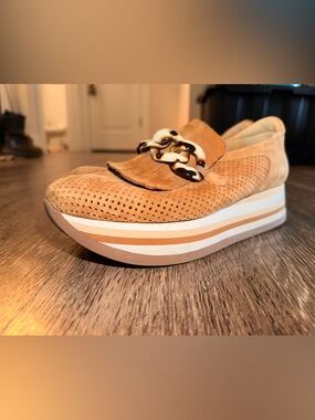 Women's Tan Perforated Suede Platform Loafer with Chain Detail